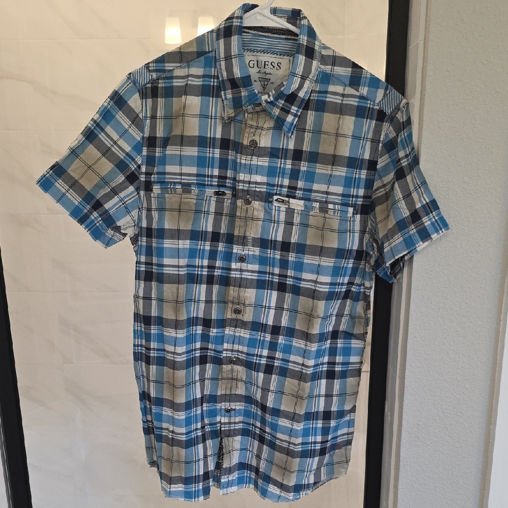 Guess Blue and Beige Checkered Shirt